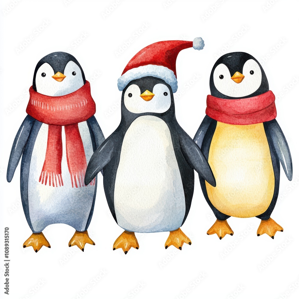 Fototapeta premium Three penguins wearing red scarves and hats stand together
