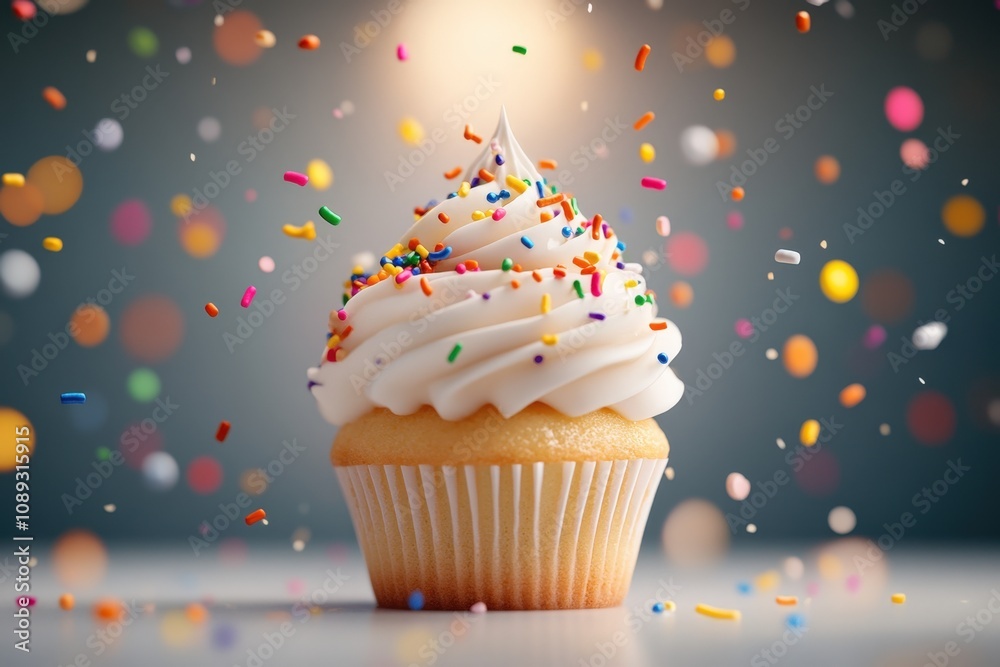 delicious cupcake with colorful sprinkles on a festive background delicious cupcake with colorful sprinkles on a festive background