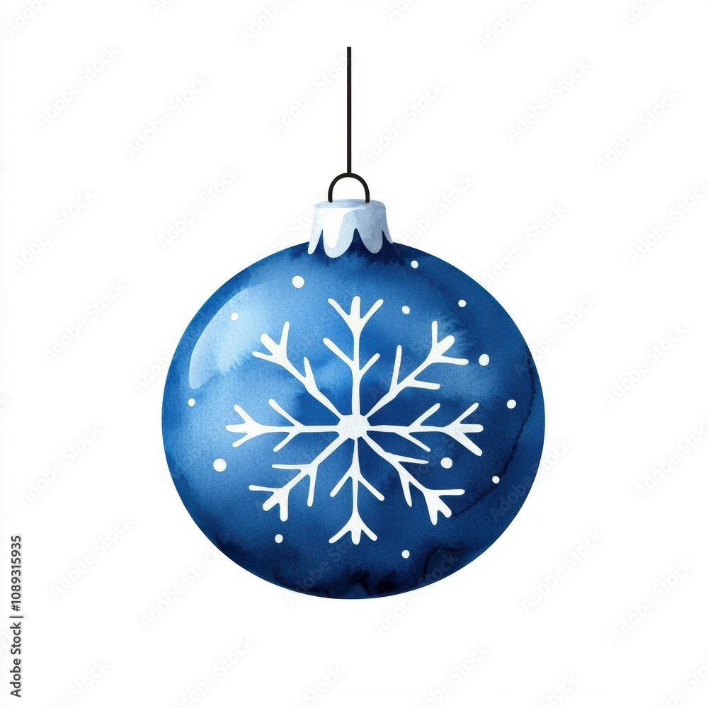 A blue ornament with a snowflake design hanging from a string A blue ornament with a snowflake design hanging from a string