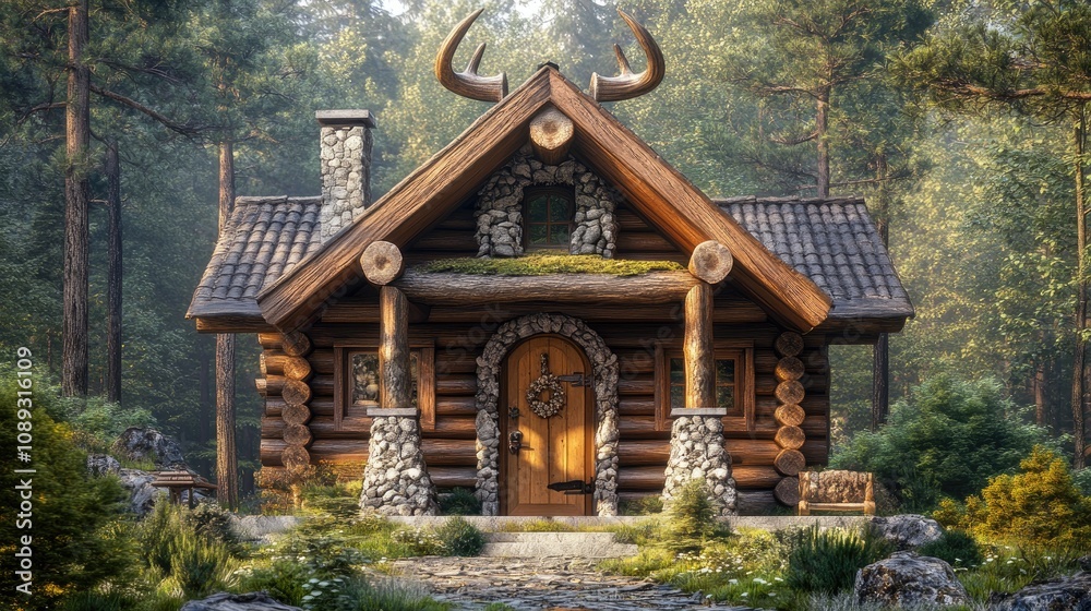 Rustic log house with animal horns above door, wild forest surroundings Rustic log house with animal horns above door, wild forest surroundings