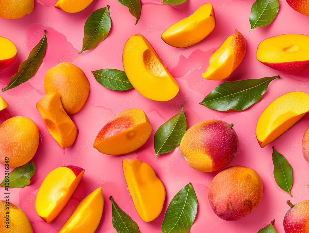 mango and slices and whole, shot from above, making a fun pattern on a mango background mango and slices and whole, shot from above, making a fun pattern on a mango background