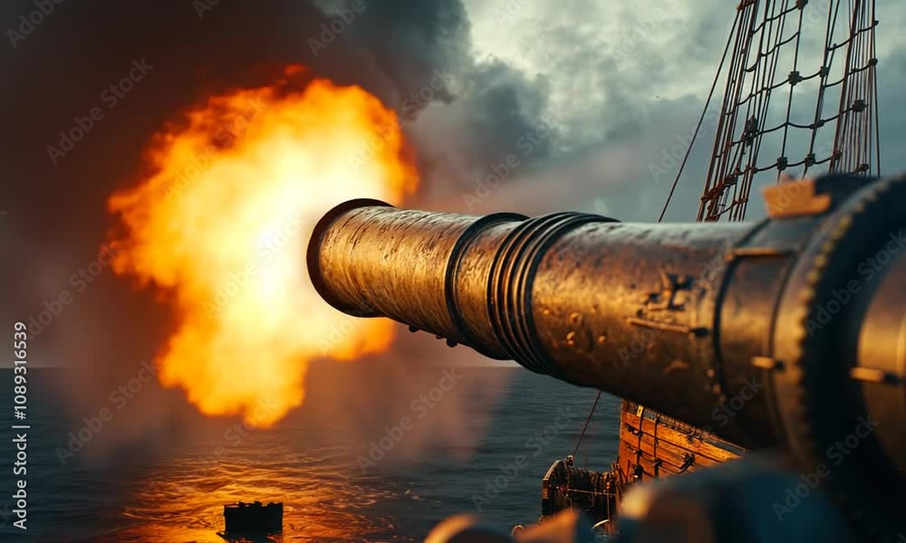 A cannon firing on a ship, creating a dramatic explosion at sea.