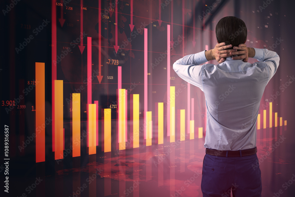 Back view of attractive stressed young man with glowing red business chart and map on blurry background. Crisis, financial fall and recession concept. Double exposure. Back view of attractive stressed young man with glowing red business chart and map on blurry background. Crisis, financial fall and recession concept. Double exposure.