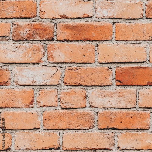 seamless background concept. A close-up view of a weathered brick wall, featuring a mix of reddish-brown bricks interspersed with lighter mortar.