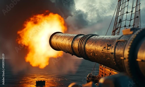 A cannon firing on a ship, creating a dramatic explosion at sea.