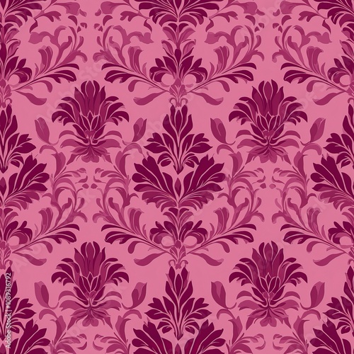 seamless background concept. A vibrant floral damask pattern featuring bold purple designs on a soft pink background.