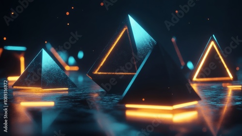 Abstract geometric blocks. A futuristic scene featuring glowing pyramids with neon accents, set against a dark backdrop, creating a captivating visual effect.