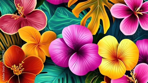 Wallpaper Mural Vibrant tropical floral patterns nature graphic design exotic environment close-up view beauty concept Torontodigital.ca