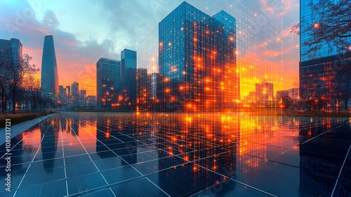 Urban solar panel array reflecting vibrant sunset behind contemporary skyscrapers photo