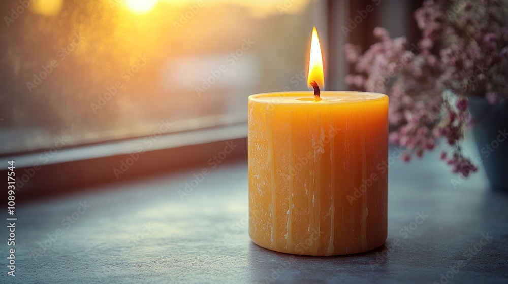 Lit candle on windowsill at sunset. Lit candle on windowsill at sunset.