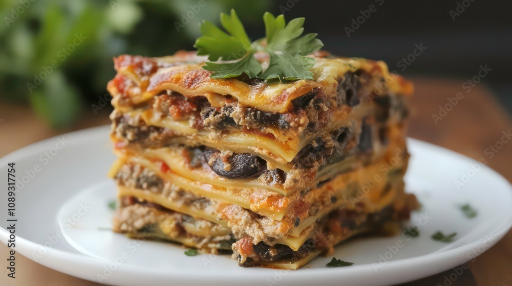 a stack of lasagna stacked on top of each other on a white plate with a sprig of parsley. a stack of lasagna stacked on top of each other on a white plate with a sprig of parsley.