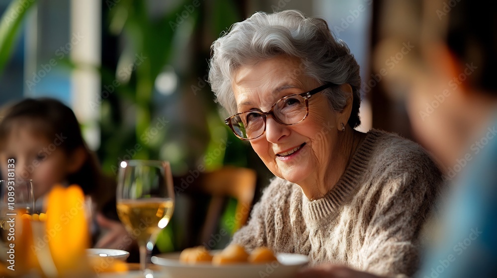 Cheerful Elderly Woman Relaxing with Family at Home Mealtime Cheerful Elderly Woman Relaxing with Family at Home Mealtime