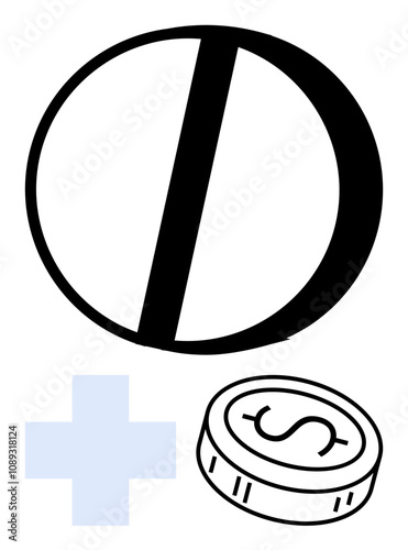 Large pill, blue cross, and dollar coin emphasizing healthcare expenses and medication costs. Ideal for medical expenses, healthcare, insurance, pharmacy services, financial impact, medicine