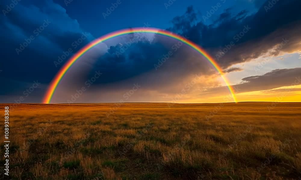 A vibrant rainbow arches over a golden field at sunset. A vibrant rainbow arches over a golden field at sunset.