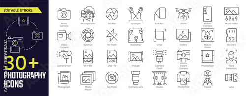 Photography Stroke icon collections. Containing Photo Camera, Photographer, Video Camera, Cameraman, RAW, JPG, Photo Album, Instant Camera, and Photoshoot icons. Editable Stroke icon collection