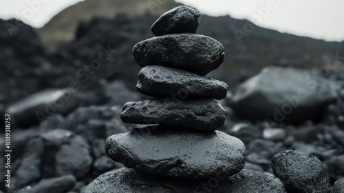 A stack of black stones on a rocky beach, balanced perfectly. photo