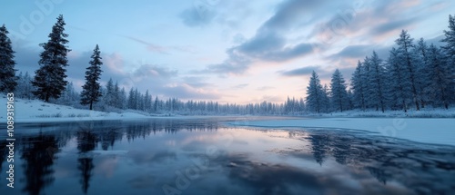 serene winter landscape with snowcovered trees and a calm lake reflecting the sky