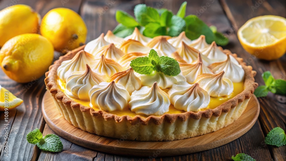 A delicious lemon meringue pie with a flaky crust, topped with fluffy meringue and garnished with fresh mint, ready to be enjoyed. A delicious lemon meringue pie with a flaky crust, topped with fluffy meringue and garnished with fresh mint, ready to be enjoyed.