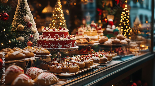 Cakes with berries and cream on the background of the Christmas tree