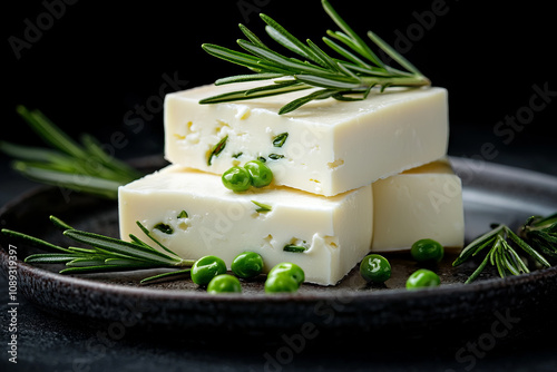 White cheese with rosemary and green peas.