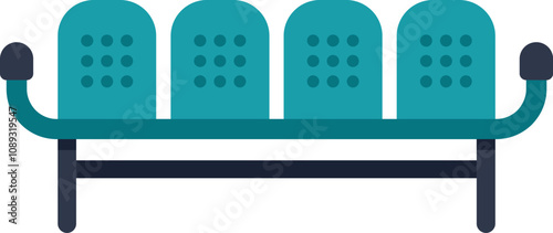 This vector illustration features an empty row of four green waiting chairs, ideal for representing airport waiting areas or doctor's office waiting rooms