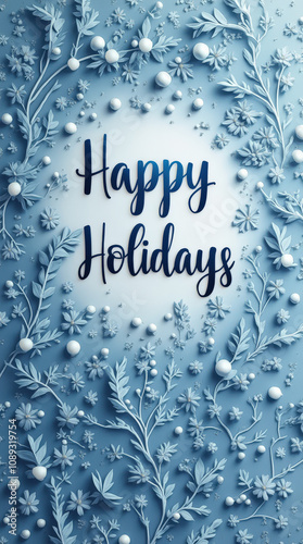Elegant Blue and White Christmas and Happy Holidays Stock Image with Winter Themes, Snowflakes, and Festive Designs
