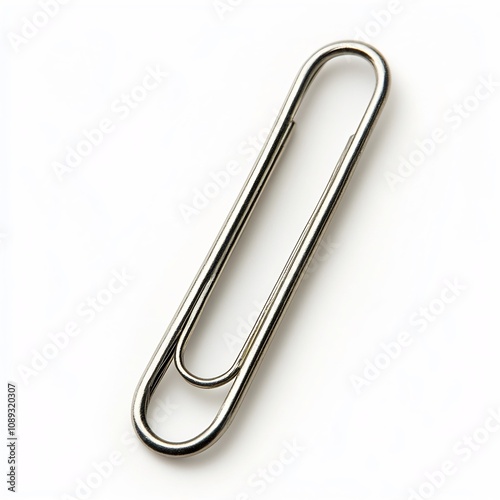 A close up front view shot of a single silver metal paperclip isolated against a plain white background The minimalist simple office supply accessory represents organization fastening