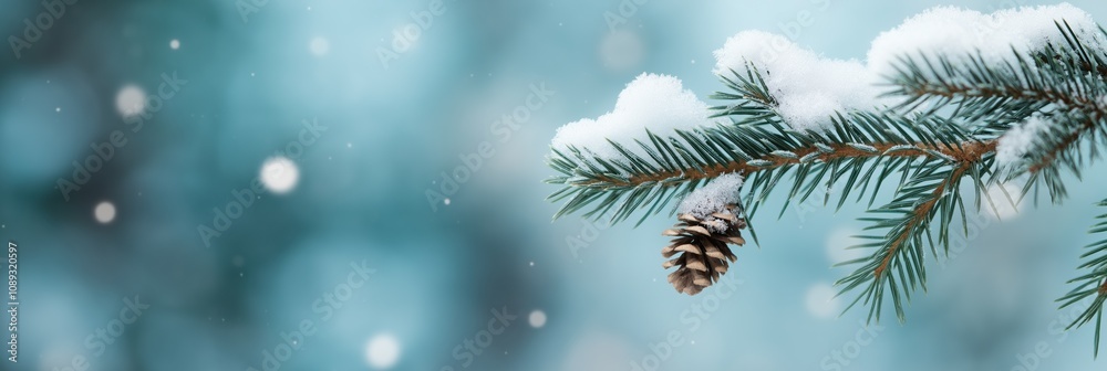 A pine tree branch covered in snow with a pine cone hanging from it. Concept of tranquility and peacefulness, as the snow-covered tree branch and pine cone create a serene winter scene A pine tree branch covered in snow with a pine cone hanging from it. Concept of tranquility and peacefulness, as the snow-covered tree branch and pine cone create a serene winter scene
