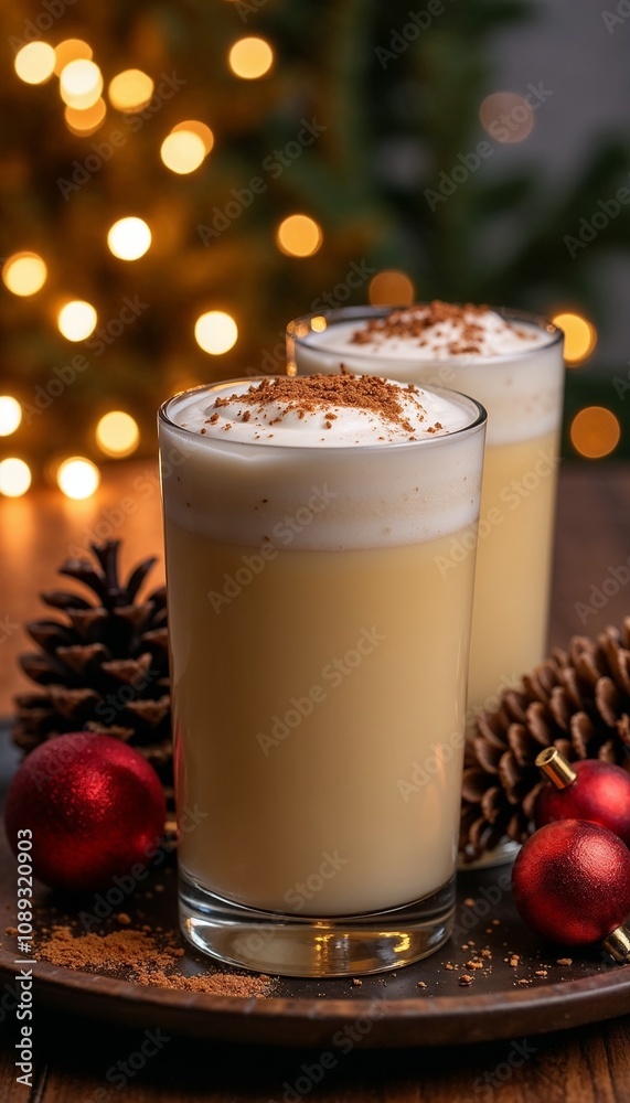 Festive eggnog with frothy cream served in transparent glass on wooden table with Christmas decorations Festive eggnog with frothy cream served in transparent glass on wooden table with Christmas decorations