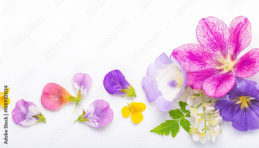 Obraz premium Closeup of Blooming Nemesia Flowers and Petals Isolated on White Background. Top View of Flower with Empty Space.