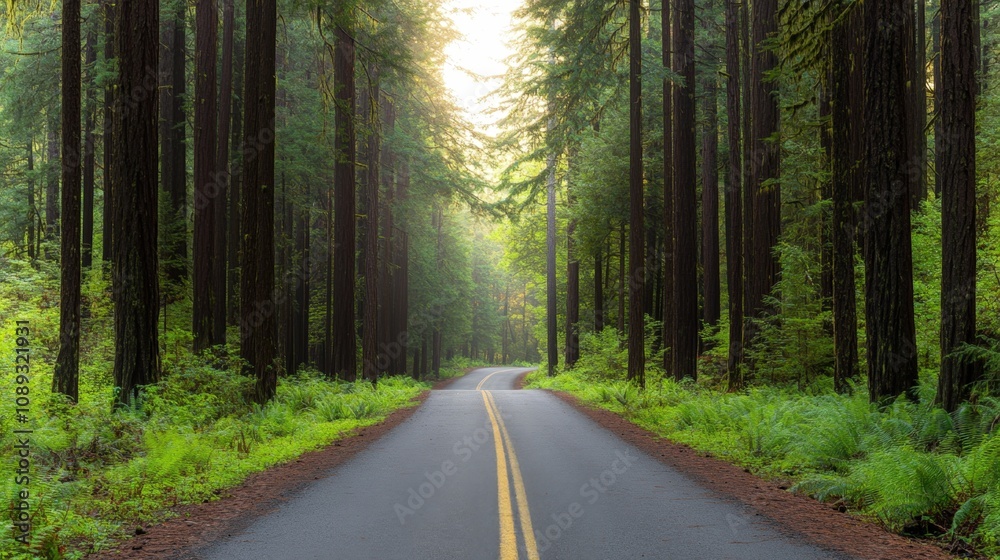 Obraz premium scenic road through a lush green forest with tall trees