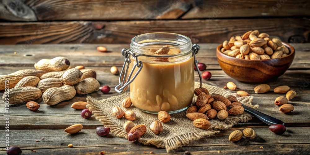 A Jar of Creamy Peanut Butter with Shelled Peanuts and Almonds on Rustic Wooden Surface A Jar of Creamy Peanut Butter with Shelled Peanuts and Almonds on Rustic Wooden Surface