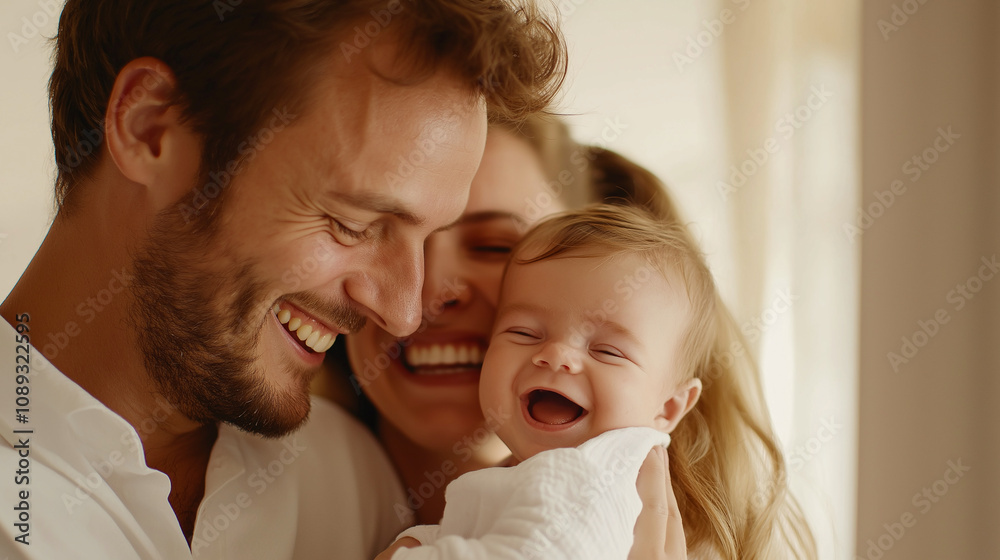 Happy young family with their newborn baby at home, sharing joyful moments together. parents are smiling warmly, creating loving and cozy atmosphere Happy young family with their newborn baby at home, sharing joyful moments together. parents are smiling warmly, creating loving and cozy atmosphere