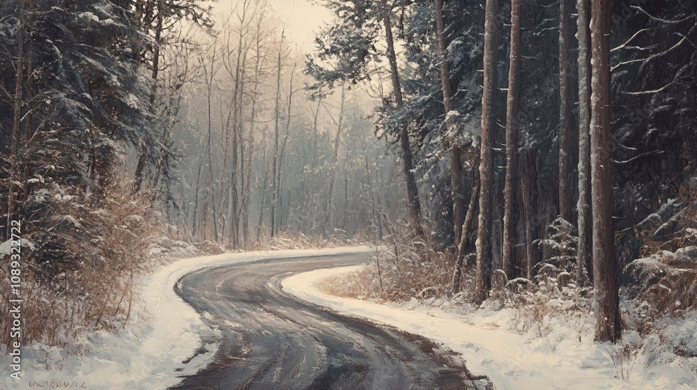 Snowy Curving Road Through Frosty Forest Snowy Curving Road Through Frosty Forest