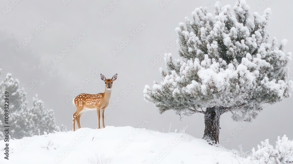 Fototapeta premium A young deer stands on a snowy hillside, with a snow-covered tree in the background, in the midst of a winter fog.