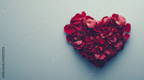 Romantic heart shape made of red rose petals on a soft blue background