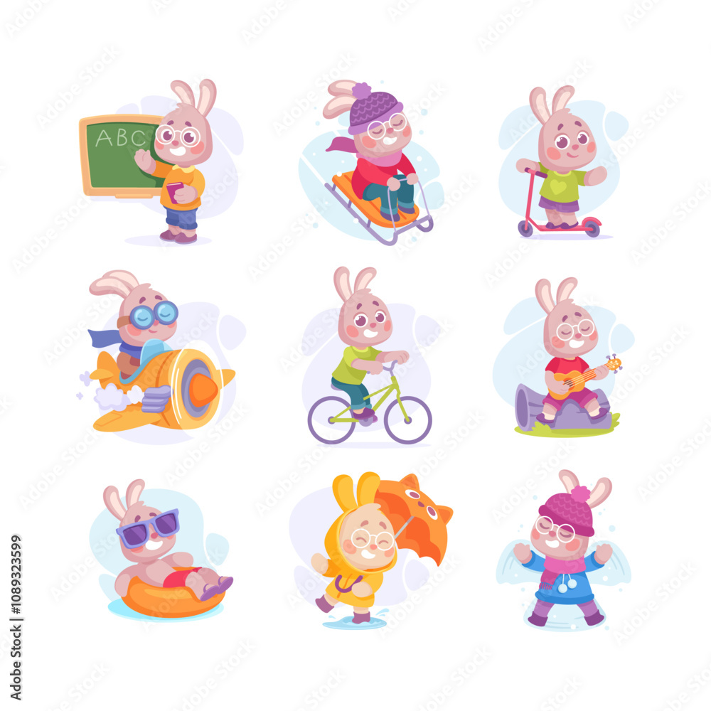 Cute Rabbit Animal Character Engaged in Different Activity Vector Illustration Set Cute Rabbit Animal Character Engaged in Different Activity Vector Illustration Set