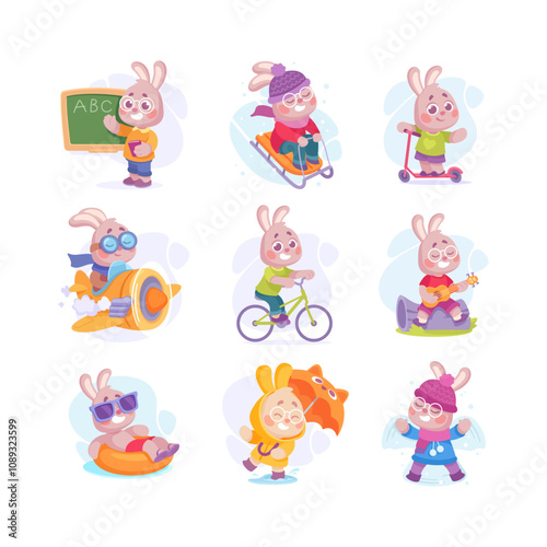 Cute Rabbit Animal Character Engaged in Different Activity Vector Illustration Set