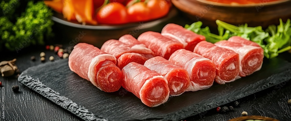 
A photo of raw meat slices, cut into rolls for hot pot or shabu-shabu 