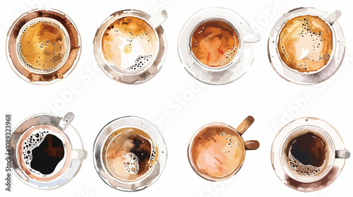 Hand-Painted Watercolor Coffee Cups Top View Set