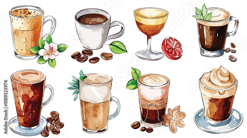 Variety of Delicious Coffee Types: Espresso, Latte, Mocha, Irish - Set of Artfully Arranged Cups and Mugs