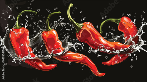 Vibrant Red Paprika in Water Splashes on Black Background