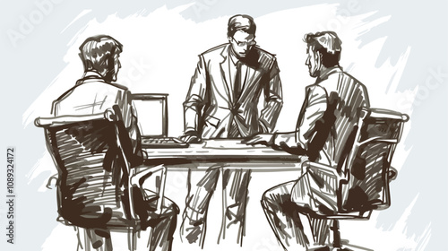 Professional Businessmen Commanding at Office - Handdrawn Vector Illustration