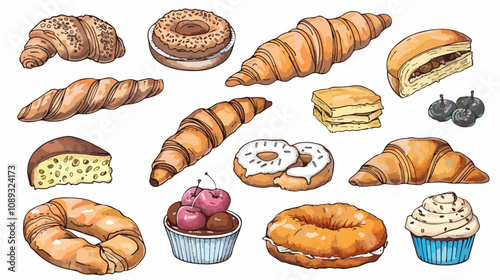 Colorful Sketchy Bread and Bakery Items Retro Style