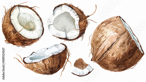 Watercolor Coconut Set Isolated on White Background