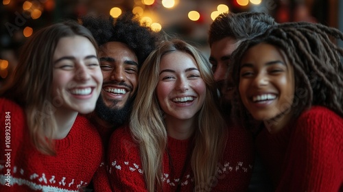 Diverse group of friends laughing together in matching red Christmas sweaters. Concept: friendship, holiday cheer, togetherness. 