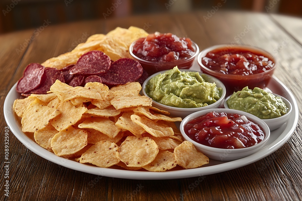 A platter of tortilla chips with various dips including salsa and guacamole. A platter of tortilla chips with various dips including salsa and guacamole.