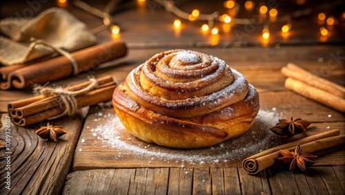 A single cinnamon roll dusted with powdered sugar rests on a wooden table surrounded by cinnamon sticks and star anise