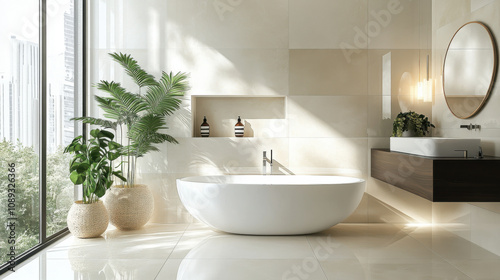 Modern bathing room interior with tub on white tiled floor, deck in wall with bathing accessories