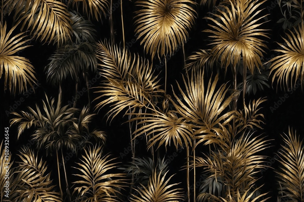Black and Gold Palm Leaves Shimmering with Gilding Against a Striking Black Background Black and Gold Palm Leaves Shimmering with Gilding Against a Striking Black Background